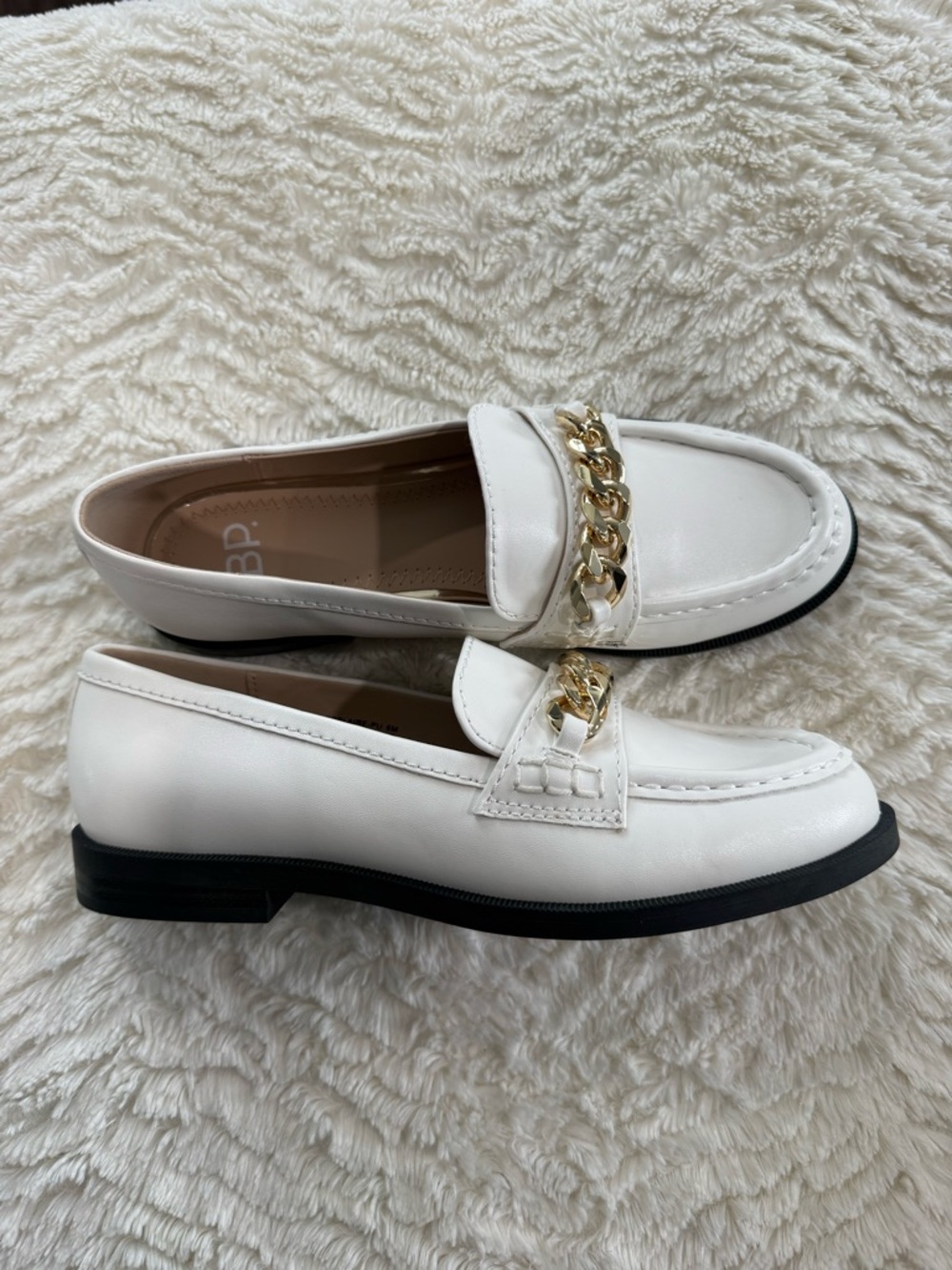 bp White Leather Loafers with Gold Chain Accent